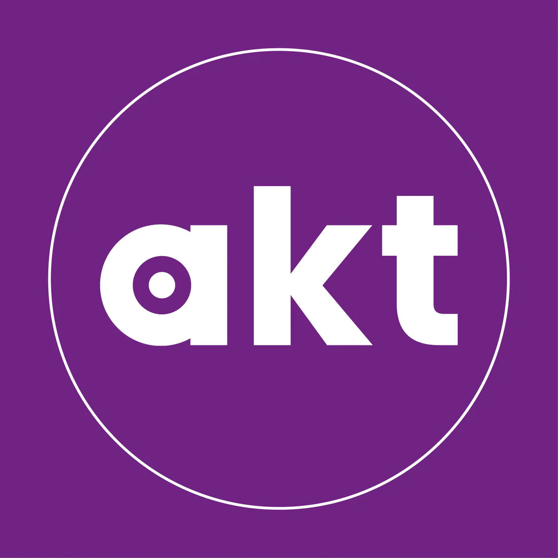 White 'akt' logo on a purple background