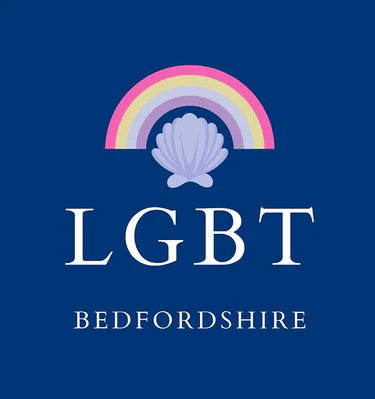 Logo with a rainbow, shell, and 'LGBT Bedfordshire' text on a blue background