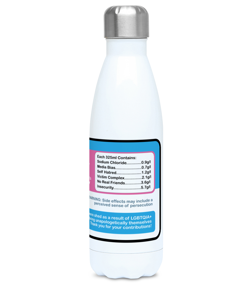 White water bottle with a medicine style label on a white background