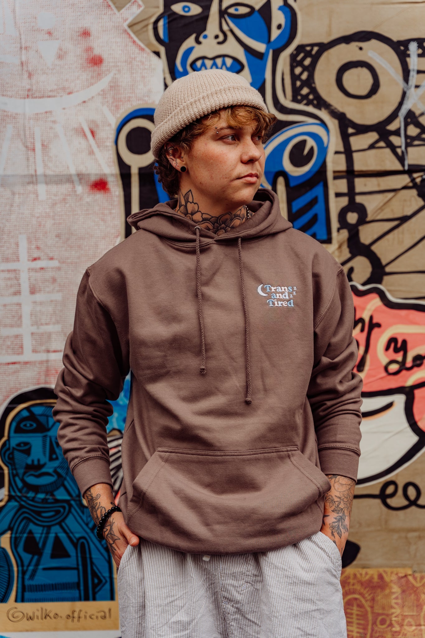 Trans and Tired Trans Flag Colours Embroidered Hoodie