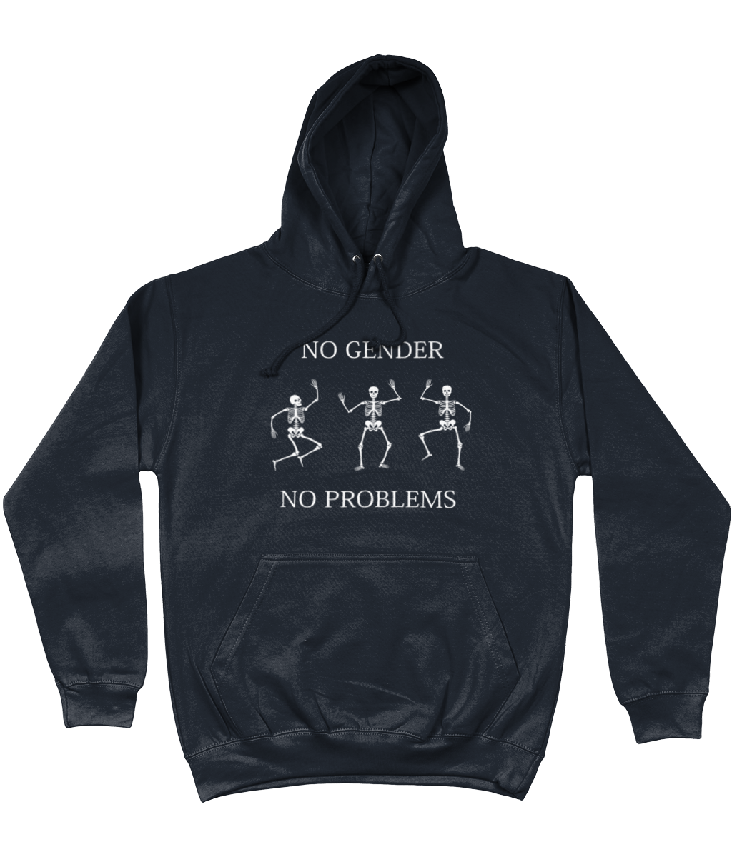 Black hoodie with white text reading 'NO GENDER NO PROBLEMS' and skeleton graphics on a white background