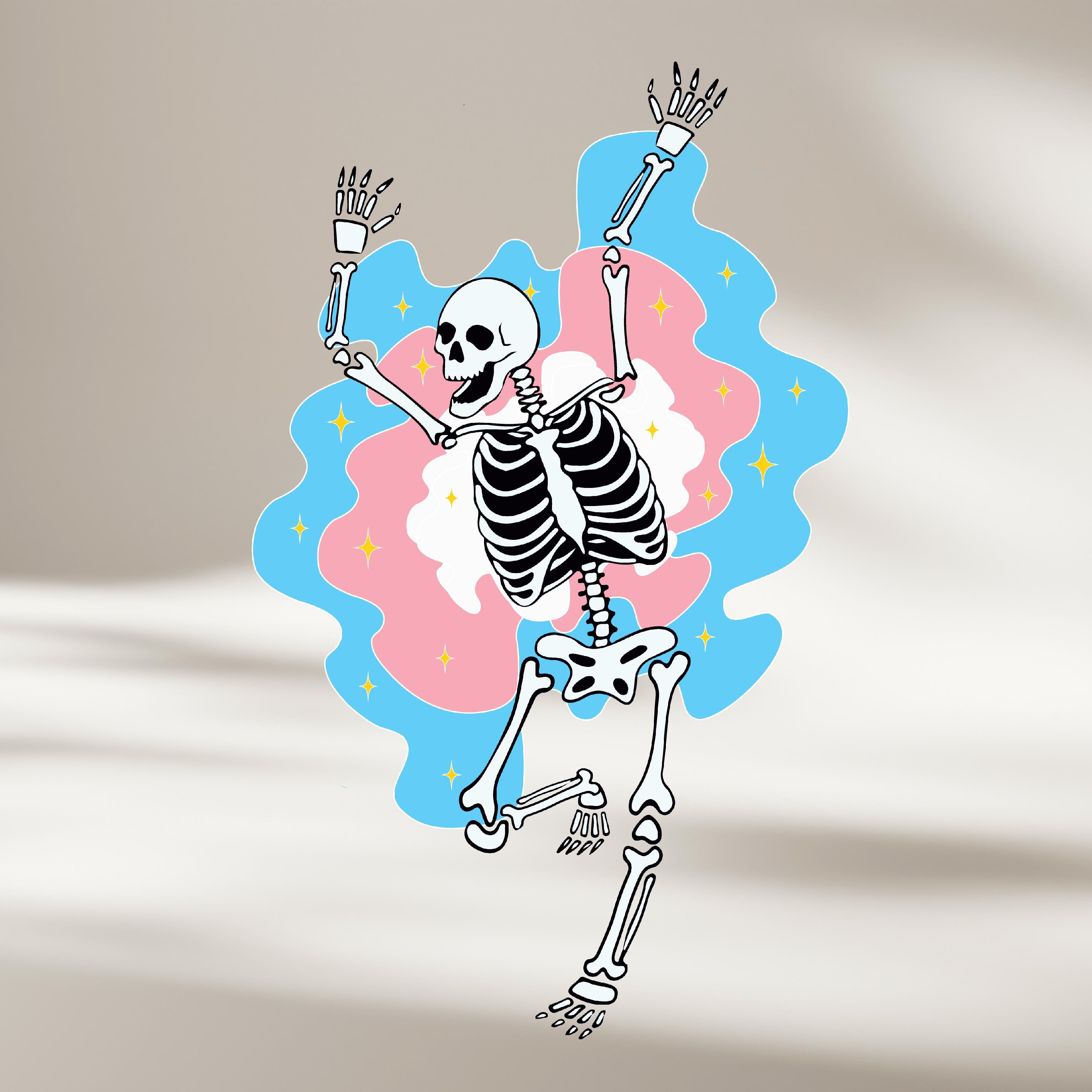 Cartoon skeleton on a colorful blue and pink cloud background